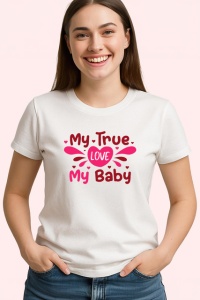 Tricou My True Love My Baby Text Roz Inimi, din bumbac 100% , tricou alb pentru Copii | Dama | Barbat - Img 3