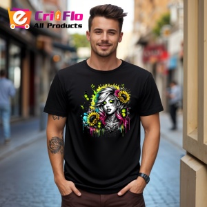 Tricou Neon eyes girl flowers tattoo, fata cu ochi neon si tatuaje florale, Copii | Dama | Barbat , tricou negru - Img 10
