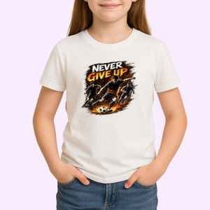 Tricou Never Give Up Fotbalist Sut Minge Foc V1, din bumbac 100% , tricou alb pentru Copii | Dama | Barbat - Img 2