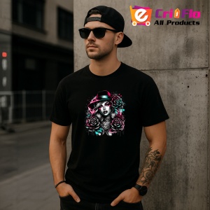 Tricou Noir woman fedora hat rose tattoo, femeie stil noir cu palarie fedora si trandafiri, Copii | Dama | Barbat , tricou negru - Img 11