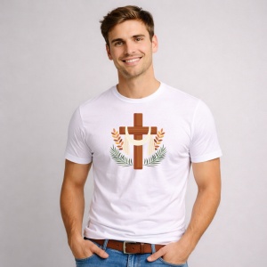 Tricou Paste Cruce Crestina Cu Frunze Simbol Paste Religios, din bumbac 100%, tricou alb, Copii | Dama | Barbat - Img 2