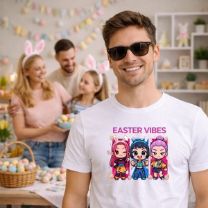 Tricou Paste Easter Vibes Kpop Girls Chibi Stil, din bumbac 100%, tricou alb, Copii | Dama | Barbat - Img 5