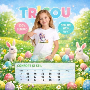 Tricou Paste Gnom Mov Pastel Cu Iepuras Si Pui Decor, din bumbac 100%, tricou alb, Copii | Dama | Barbat - Img 4