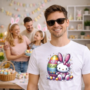 Tricou Paste Hello Kitty Iepuras Paste Ou Decorativ Colorat, din bumbac 100%, tricou alb, Copii | Dama | Barbat - Img 7