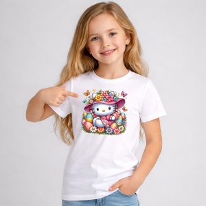 Tricou Paste Hello Kitty Palarie Flori Paste Oua Colorate, din bumbac 100%, tricou alb, Copii | Dama | Barbat - Img 2