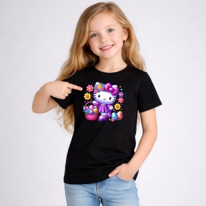 Tricou Paste Hello Kitty Paste Cos Oua Colorate Florale, din bumbac 100%, tricou negru, Copii | Dama | Barbat - Img 2