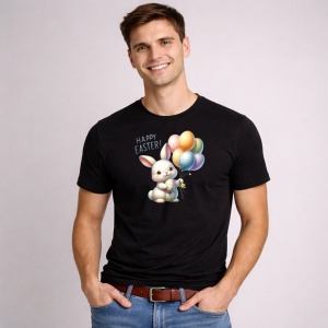 Tricou Paste Iepuras Paste Baloane Oua Colorate Happy Easter, din bumbac 100%, tricou negru, Copii | Dama | Barbat - Img 2