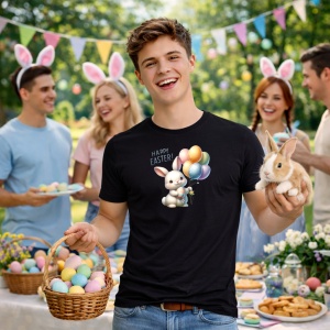 Tricou Paste Iepuras Paste Baloane Oua Colorate Happy Easter, din bumbac 100%, tricou negru, Copii | Dama | Barbat - Img 7