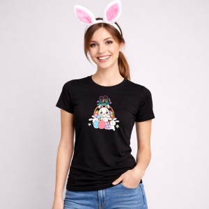 Tricou Paste Iepuras Paste Cos Oua Colorate Happy Easter Cute, din bumbac 100%, tricou negru, Copii | Dama | Barbat