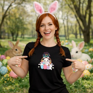 Tricou Paste Iepuras Paste Cos Oua Colorate Happy Easter Cute, din bumbac 100%, tricou negru, Copii | Dama | Barbat - Img 9