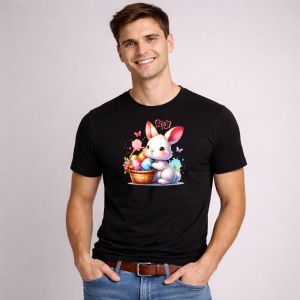 Tricou Paste Iepuras Paste Cos Oua Colorate Pastel Dragut, din bumbac 100%, tricou negru, Copii | Dama | Barbat - Img 2