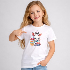 Tricou Paste Iepuras Paste Cos Oua Colorate Simplu Dragut, din bumbac 100%, tricou alb, Copii | Dama | Barbat - Img 1