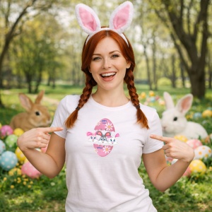 Tricou Paste Iepurasi Paste Ou Roz Cute Familie Happy Easter, din bumbac 100%, tricou alb, Copii | Dama | Barbat - Img 9