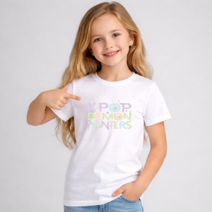 Tricou Paste Kpop Demon Hunters Text Pastel Aesthetic Easter, din bumbac 100%, tricou alb, Copii | Dama | Barbat - Img 3