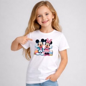 Tricou Paste Mickey Si Minnie Paste Oua Colorate Cuplu Vesel, din bumbac 100%, tricou alb, Copii | Dama | Barbat