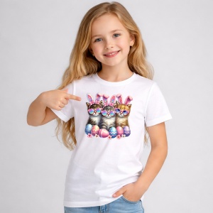 Tricou Paste Pisici Iepurasi Paste Oua Colorate Grup, din bumbac 100%, tricou alb, Copii | Dama | Barbat