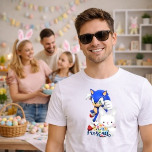 Tricou Paste Sonic Iepuras Felices Pascua Oua Colorate, din bumbac 100%, tricou alb, Copii | Dama | Barbat - Img 7