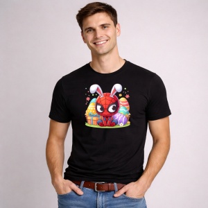 Tricou Paste Spiderman Paste Oua Colorate Iepuras Urechi De Iepure, din bumbac 100%, tricou negru, Copii | Dama | Barbat - Img 3