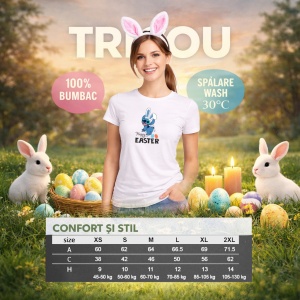 Tricou Paste Stitch Happy Easter Iepuras Oua Colorate Text, din bumbac 100%, tricou alb, Copii | Dama | Barbat - Img 8