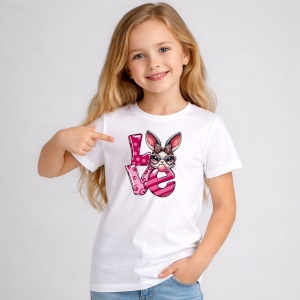 Tricou Paste Text Love Roz Cu Iepuras Cute Easter, din bumbac 100%, tricou alb, Copii | Dama | Barbat