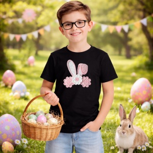 Tricou Paste Urechi Iepuras Cu Flori Roz Pastel Decor, din bumbac 100%, tricou negru, Copii | Dama | Barbat - Img 5