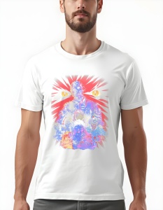 Tricou alb cu un design horror ce înfățișează mai multe personaje sinistre și o siluetă întunecată în centru, având un fundal roșu intens și ochi galbeni strălucitori în partea de sus.