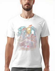 Tricou alb cu un design inspirat din Friday the 13th, prezentându-l pe Jason Voorhees în prim-plan, purtând celebra sa mască de hochei și ținând un cuțit însângerat. În fundal, o scenă de la cabană cu doi oameni care fug, ilustrând tensiunea și atmosfera 