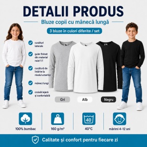 Tricou pentru copii cu maneca lunga 121 - Gri, Alb, Negru - Img 2