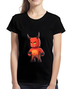 Tricou negru cu un design colorat care înfățișează un personaj stilizat din Stumble Guys sub forma unui demon roșu, cu coarne negre, ochi galbeni furioși și brățări negre cu țepi pe mâini.