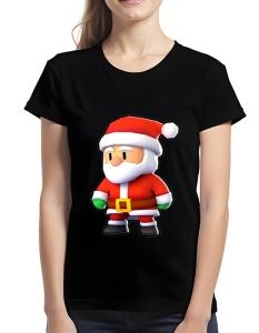 Tricou negru cu un design colorat care înfățișează un personaj stilizat din Stumble Guys îmbrăcat ca Moș Crăciun, purtând un costum roșu, cizme negre, o curea și o căciulă roșie cu ciucure alb.
