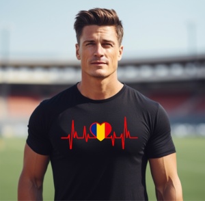 Bărbat purtând un tricou negru cu design reprezentând un grafic ECG roșu, având o inimioară cu steagul României în centru, fotografiat pe un stadion.