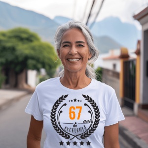 Femeie zâmbitoare purtând un tricou personalizat cu mesajul: ''67 ani de excelenta''