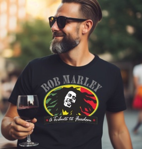 Bărbat purtând un tricou negru cu un design dedicat lui Bob Marley. Designul include portretul stilizat al lui Bob Marley înconjurat de culorile rasta (roșu, galben și verde) și textul „Bob Marley” deasupra, iar „A Tribute to Freedom” este scris dedesubt.
