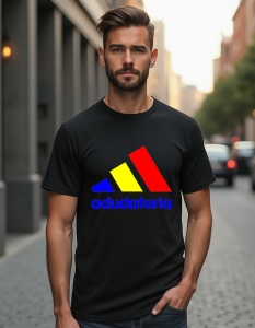Bărbat purtând un tricou negru cu un design grafic care combină culorile drapelului României (albastru, galben și roșu) într-o formă asemănătoare cu un logo sportiv, cuvântul 'adutoria' în partea de jos.