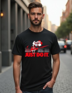 Bărbat purtând un tricou negru cu un design inspirat de brandul Nike. Logo-ul "NIKE" este personalizat, având culorile roșu și negru, cu sloganul "JUST DO IT" sub logo, tot în roșu. Designul include o siluetă animată, care pare a fi un personaj cunoscut, 