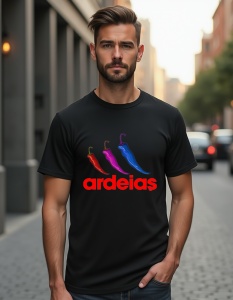Bărbat purtând un tricou negru cu un design care înfățișează trei ardei iute în culori diferite (verde, roz și albastru) și cu textul 'ardeias' în partea de jos, scris cu litere mari și roșii.