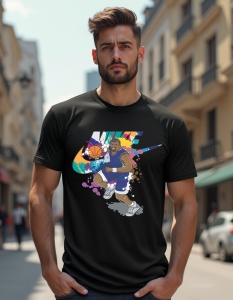 Un bărbat care poartă un tricou negru cu un design al unui jucător de baschet, cu logo-ul Nike și o minge de baschet, într-un stil plin de culori vibrante și stropi de cerneală.