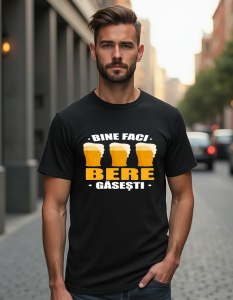 Bărbat purtând un tricou negru cu trei pahare de bere și textul 'Bine faci, bere găsești'.