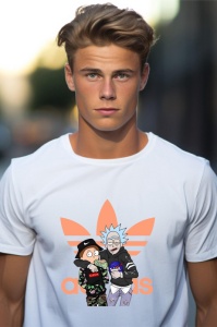 Tânăr purtând un tricou alb cu un design parodic, având o imagine cu personajele Rick și Morty îmbrăcați în stil urban în fața logo-ului Adidas în portocaliu.