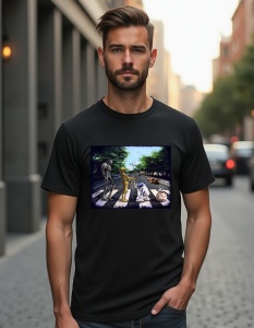 Un bărbat purtând un tricou negru cu un design ce prezintă o parodie a copertei albumului Abbey Road al trupei The Beatles, dar cu personaje iconice din Star Wars traversând strada în locul membrilor trupei.