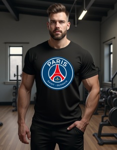 Bărbat purtând un tricou negru cu sigla echipei de fotbal Paris Saint-Germain pe piept, în sala de sport. Sigla este circulară, cu textul 'Paris Saint-Germain' în partea de sus și jos, și include un simbol în formă de turn roșu stilizat și o floare de cri