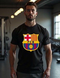 Bărbat purtând un tricou negru cu emblema echipei de fotbal FC Barcelona. Emblema este amplasată în centrul tricoului și este împărțită în patru secțiuni. În partea stângă sus se află o cruce roșie pe un fundal alb, iar în dreapta sus sunt dungi verticale