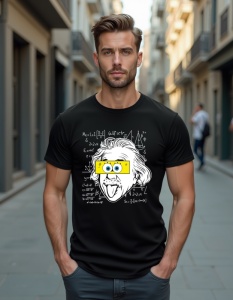 Un bărbat care poartă un tricou negru cu un design ce înfățișează portretul lui Albert Einstein, cu ochelari de tip Minion și ecuații matematice pe fundal.