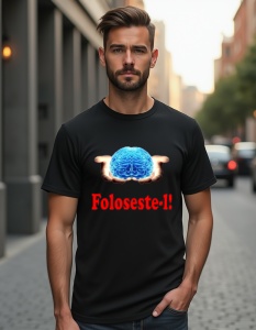 Un bărbat purtând un tricou negru cu un design ce arată o pereche de mâini care țin un creier albastru strălucitor, alături de textul 'Folosește-l!' scris cu litere roșii.
