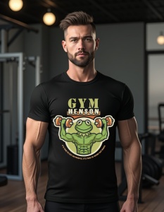 Bărbat purtând un tricou negru cu un design reprezentând o broască musculoasă ridicând greutăți și cu textul 'GYM HENSON' într-o sală de sport.