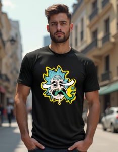 Un bărbat care poartă un tricou negru cu un design animat din serialul 'Rick and Morty', reprezentând fața lui Rick cu ochii mari, sprâncenele ridicate și o limbă verde care curge, într-un stil distorsionat și absurd, specific serialului.