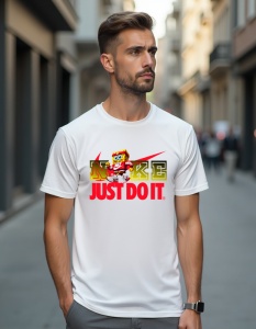 Bărbat purtând un tricou alb cu un design inspirat de Nike. Logo-ul "NIKE" este prezentat într-un stil personalizat, cu litere mari în culori contrastante, iar deasupra literei "I" este poziționat un personaj animat cunoscut(SpongeBob), adăugând o notă de