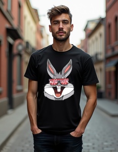 Bărbat purtând un tricou negru cu un desen al iepurelui Bugs Bunny purtând ochelari de soare cu logo-ul 'Supreme'