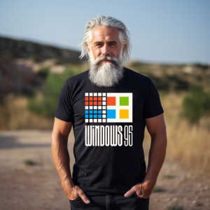 Bărbat senior cu barbă albă, purtând un tricou negru personalizat cu un design retro al logo-ului Windows 95. Designul include pătrate colorate reprezentând culorile clasice Windows și textul 'Windows 95' scris cu un font iconic. Fundalul este în aer libe