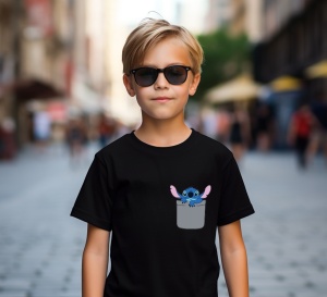 Tricou personalizat pentru copii din bumbac 100% cu imprimeu de buzunar - Stitch albastru adorabil - Cadou pentru fanii Lilo & Stitch